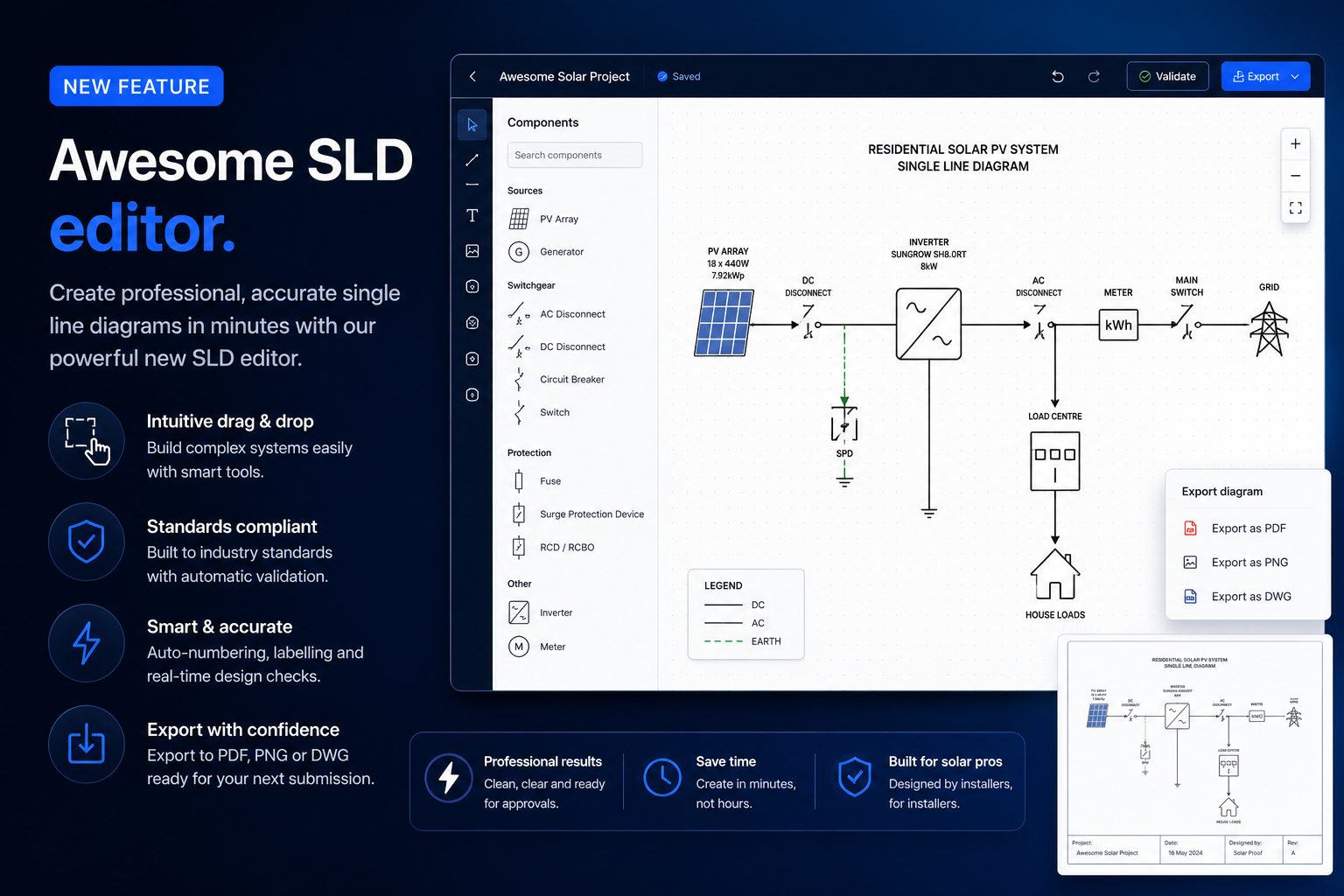 Browser-based single-line diagram (SLD) editor in Solar Proof